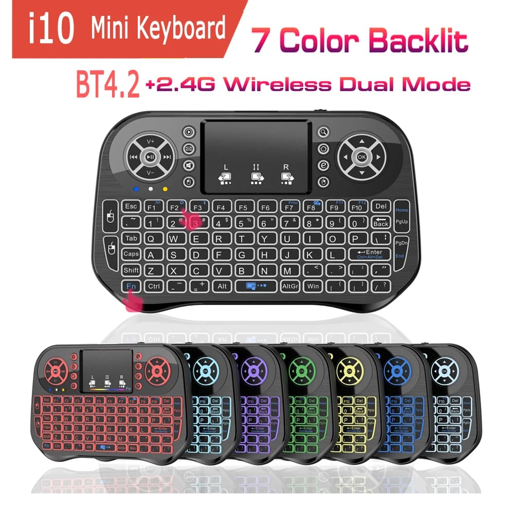 Mini tastiera i10 i8 Wireless Dual Mode BT4.2 2.4G Air Mouse Touchpad retroilluminato a 7 colori per Android TV Box Stick PC Pad Proiettore