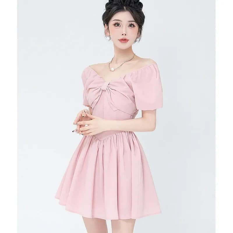 Women Bow Puff Sleeve Mini Dress Spring Slim Waist A Line Flared Sweet Party Dress S M L XL