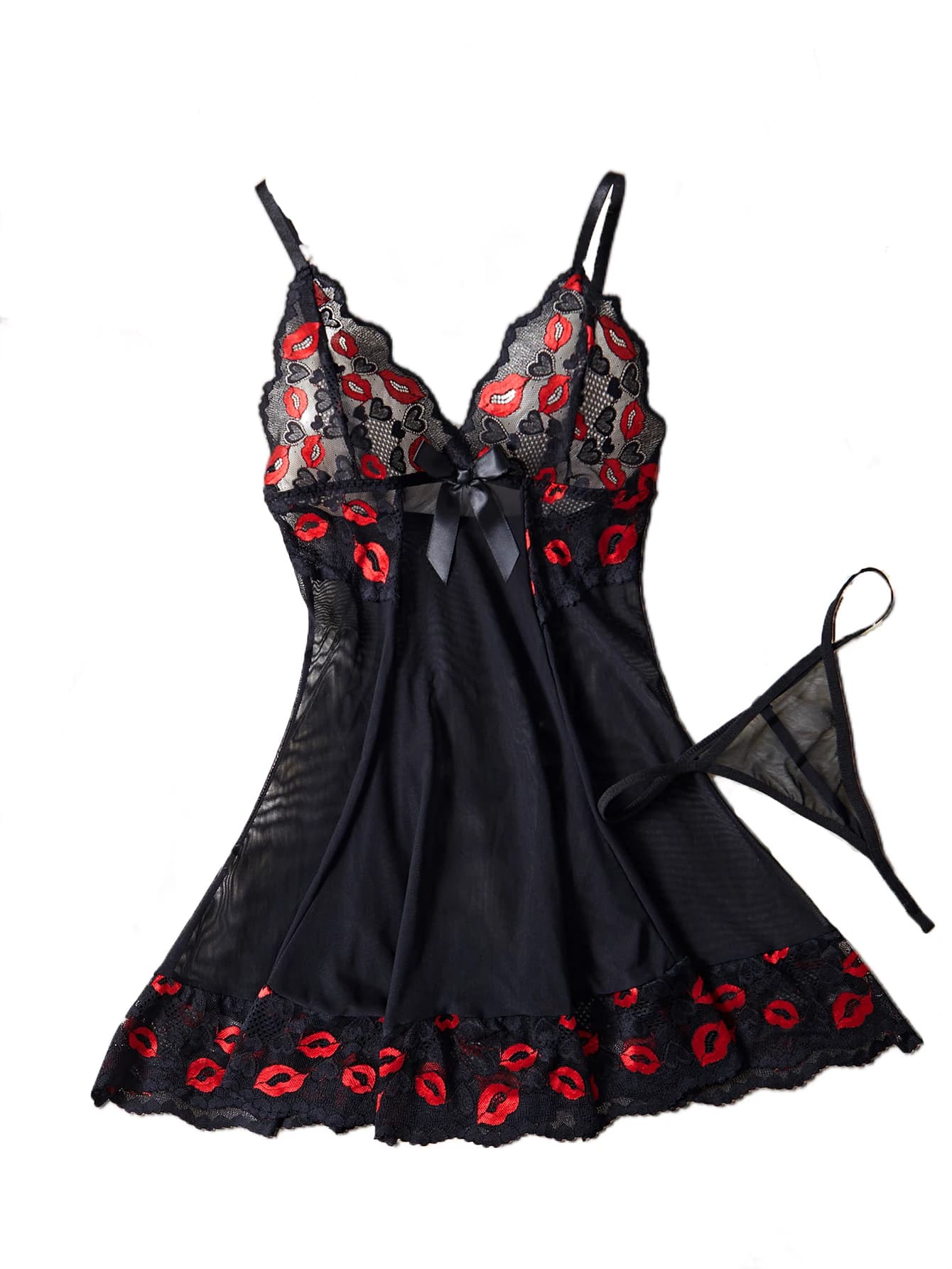 Set di lingerie sexy da donna reggiseno erotico camicia da notte indumenti da notte sexy in pizzo stampa labbra rosse abito a fionda morbido e perizoma set pigiama completo