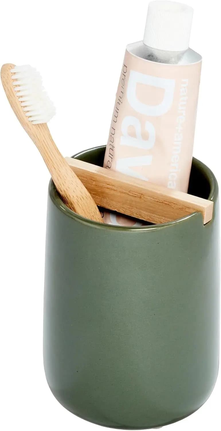 Portaspazzolino in Ceramica con Divisorio in Legno di Paulownia per il Piano del Bagno