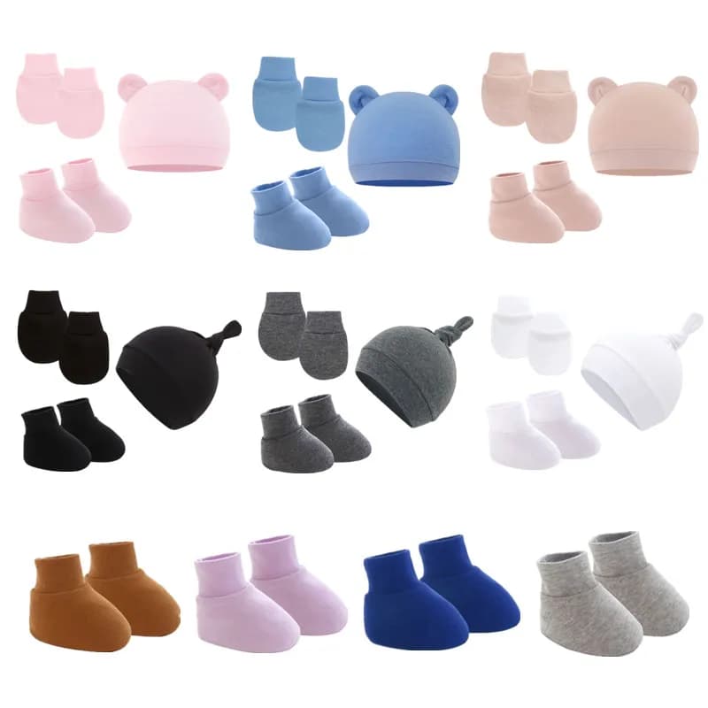 1 Set Soft Cotton Baby Hat+Gloves+Socks Newborn Hand Guard Mittens 0-6M Boys Girls Ear Protection Beanie Cap Bonnet Baby Stuff