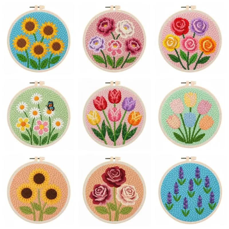 20x20cm Diy Needle Punch Kit Handmade Cross Stitch Kits Cartoon Flower PatternPunch Needle Starter Kit Kits Hand Embroidery Kit