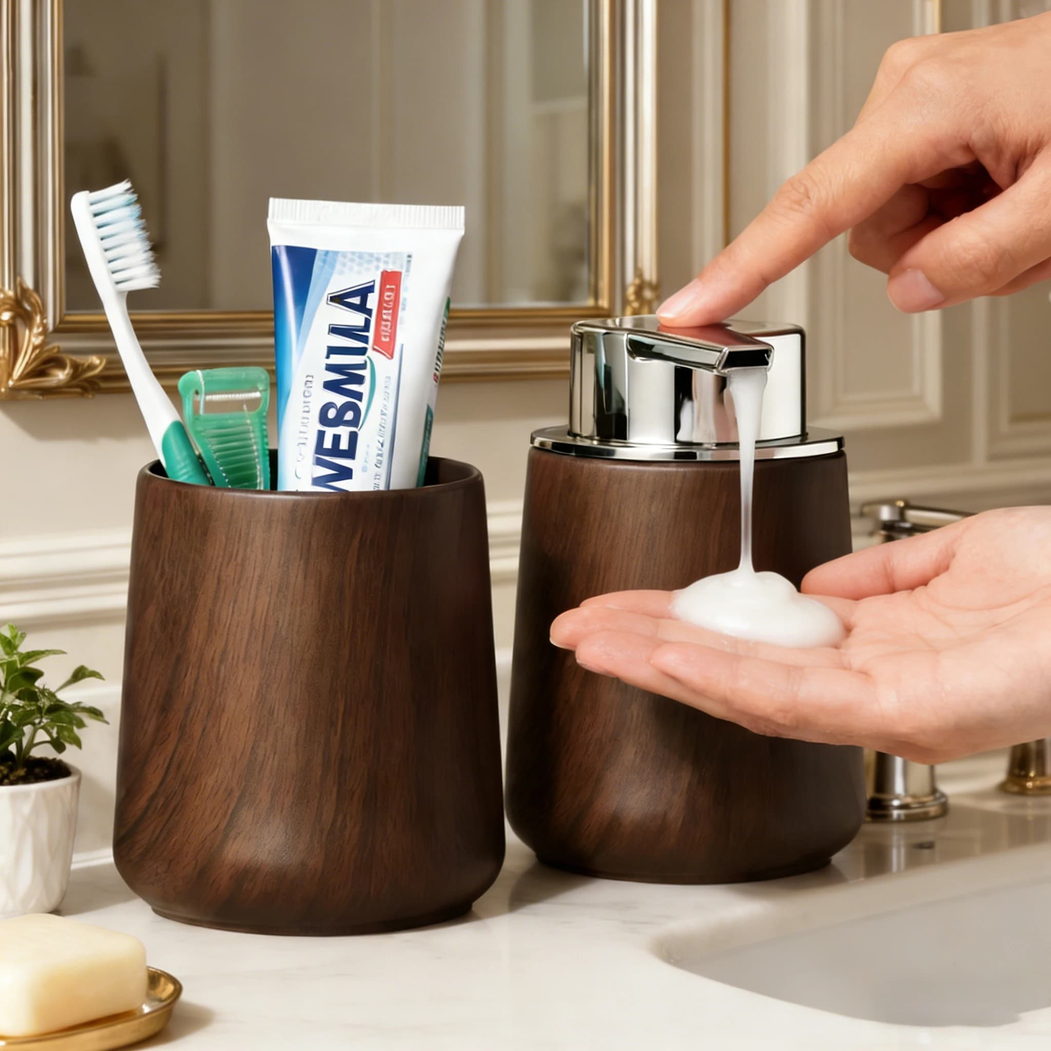 Set di Accessori Eleganti per il Bagno - Kit Dispenser Sapone e Porta Spazzolini, Arredo Bagno Moderno Stile Rustico per Piano di Lavoro, Cucina
