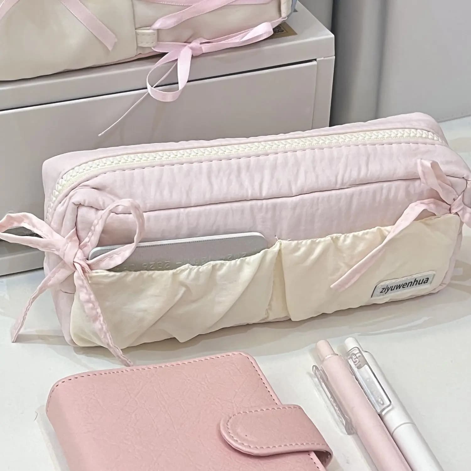 Astuccio per toast nuvola Simpatico fiocco in nastro Ins Borsa per organizer per cancelleria scolastica per ragazze minimalista Porta cosmetici in tessuto Kawaii
