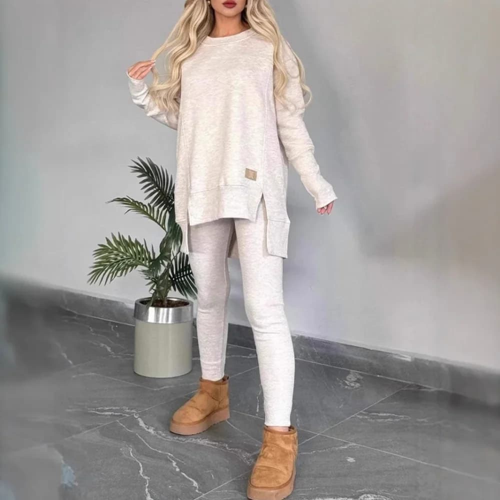 Two Piece Set Women Autumn and Winter Women's Top Slit Long Sleeved Round Neck Casual Solid Color Velvet Suit