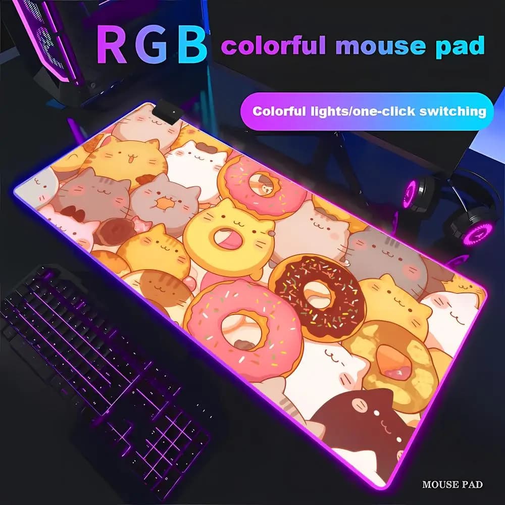 Tappetino da Scrivania Antiscivolo HYBXAXC, Mousepad da Gaming per Ufficio, Stampa Gatto Carino con Ciambella, RGB HD, Grande, con Luce LED XXL per PC e Computer