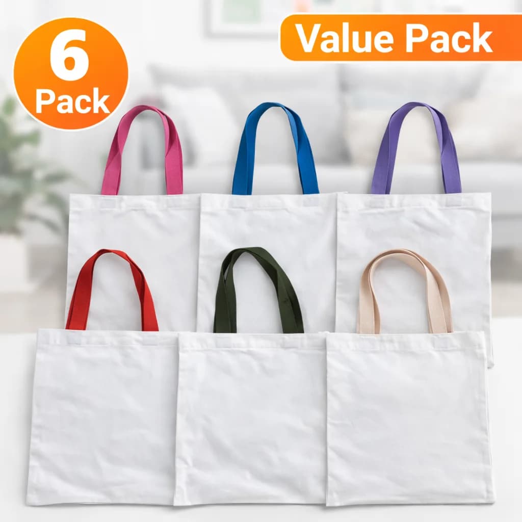 Set di 6 Borse in Tela per Sublimazione con Manici Colorati, 31*36cm, per Trasferimento a Caldo Fai-da-Te, Shopping, Scuola e Artigianato