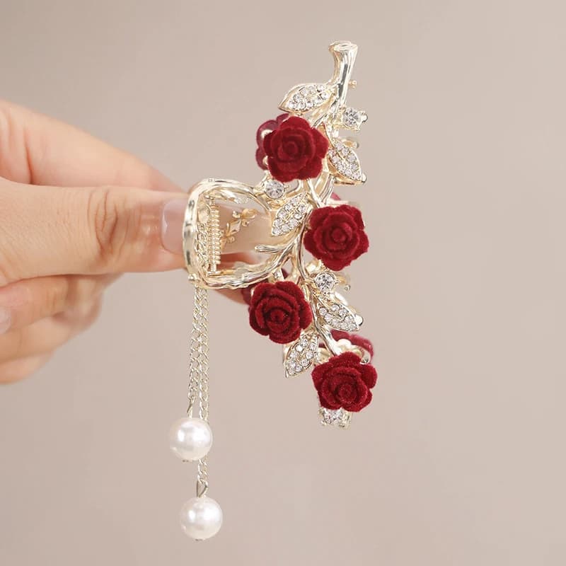 Fashion Elegant Rose Tassel Hair Claw For Women Girls Sweet Versatile Shark Clip Exquisite Party Gift Accessory