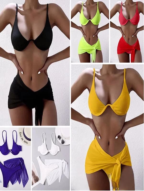 Costume da bagno bikini a tre pezzi in acciaio, nuovo stile 2026, da donna, con maglia a rete separata, scollo a V, in poliestere per uso termico