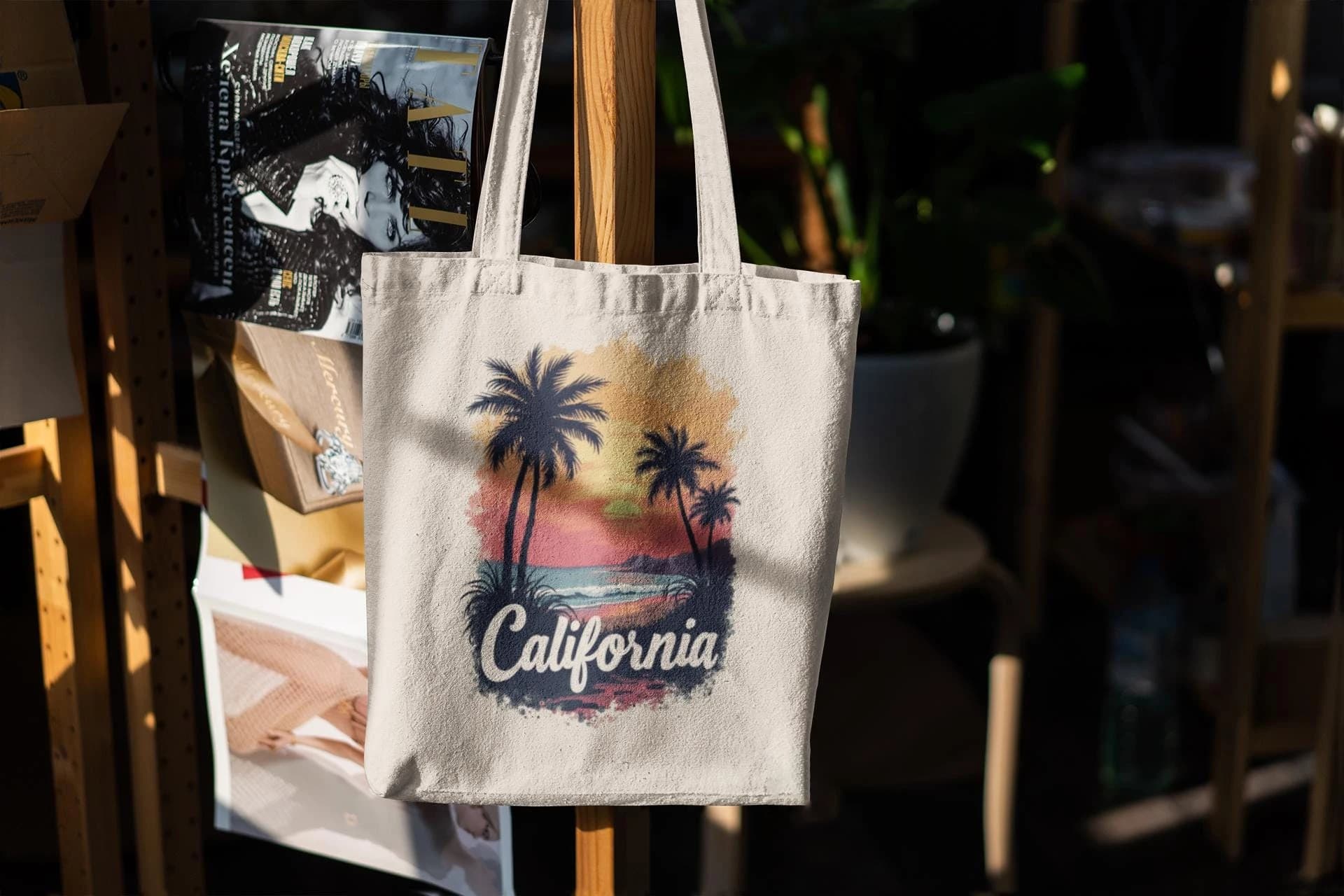Borsa tote in tela California Sunset, borsa a tracolla riutilizzabile ecologica con stampa di palme da spiaggia per l'uso quotidiano estivo