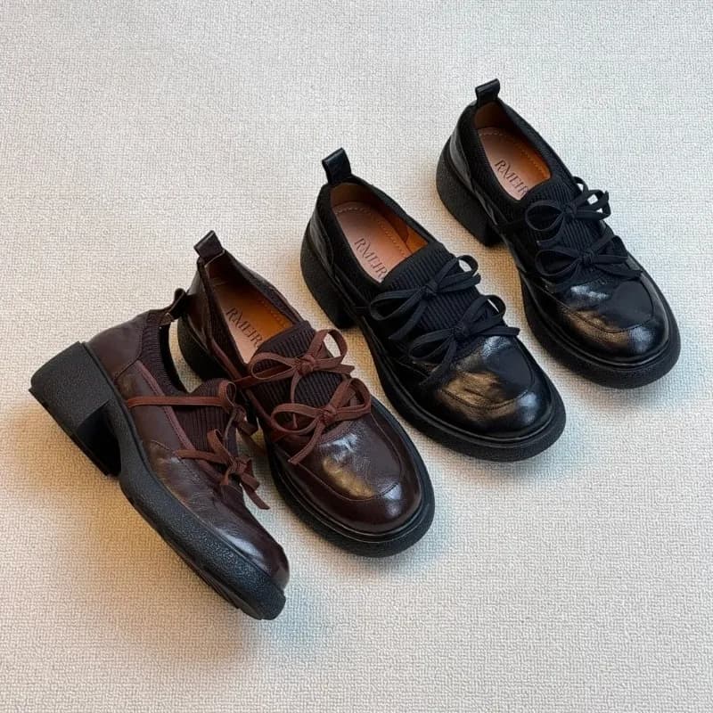 Bows Heeled Round-Toe Thick-Heeled Loafers Women's Fashion Casual Stylish Small Leather Shoes