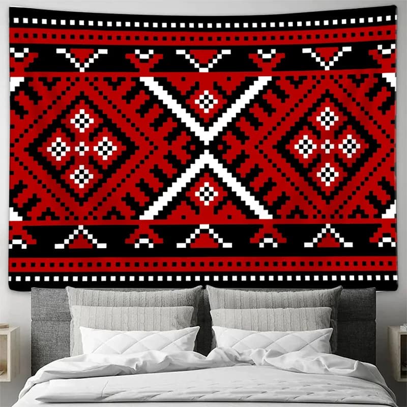 Red Ethnic Style Geometric Pattern Tapestry, Home Decor Wall Hanging Cloth