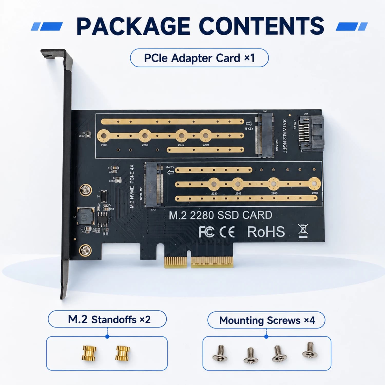 PCI Express to M.2 SSD Adapter Card, NVMe X1/X4 Models and SATA NGFF X4 Option, 2230-2280 Internal Storage Upgrade
