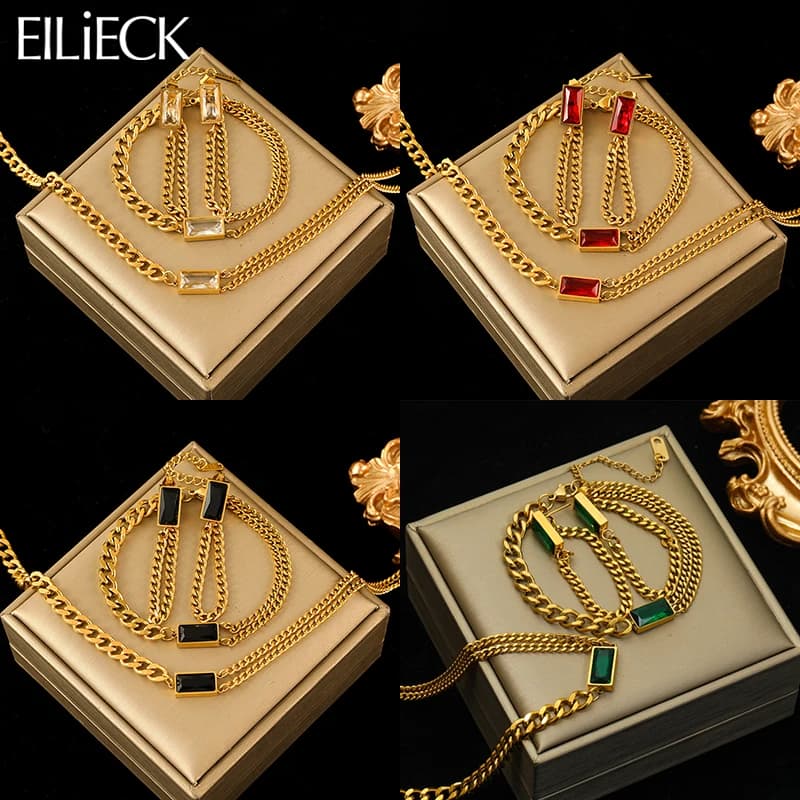 EILIECK 316L Stainless Steel 4-Color Crystal Zircon Necklace Bracelet Earrings For Women New Trend Gift Waterproof Jewelry Set