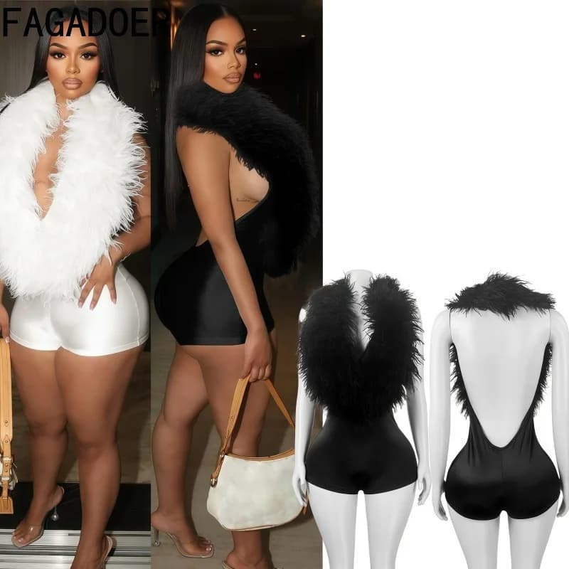 FAGADOER Sexy Fur Patchwork Womens 2 Piece Sets Woman Outfit Halter Sleeveless Crop Top + Shorts Midnight Suit Female Streetwear