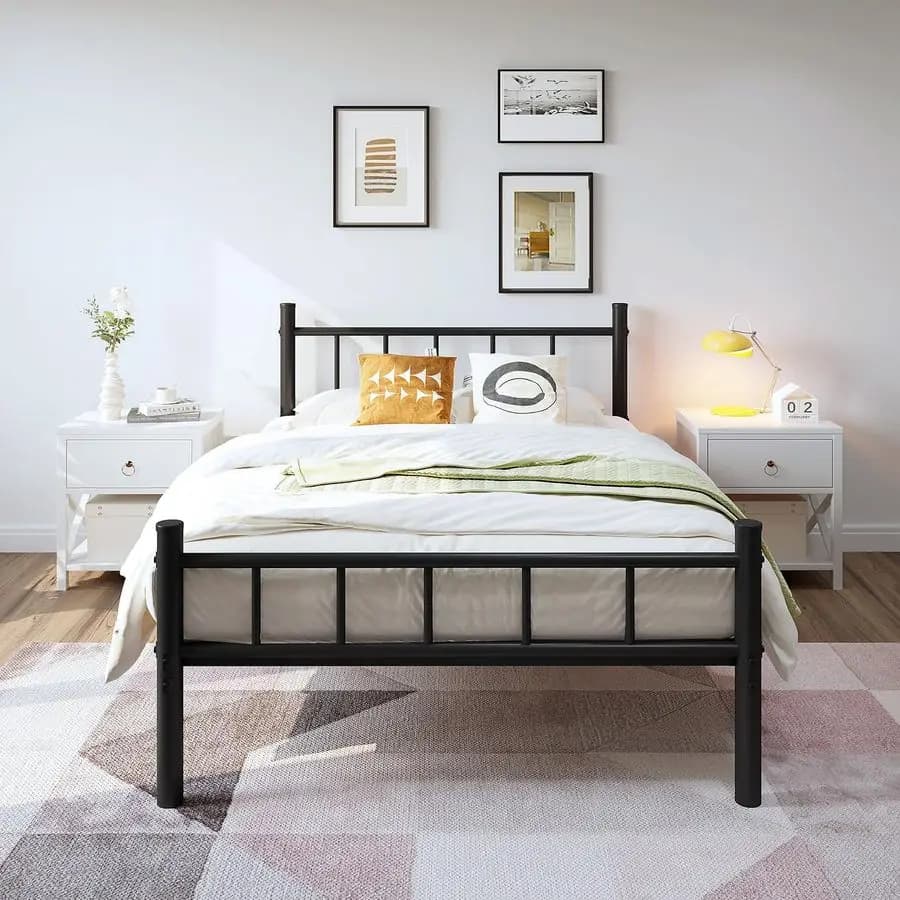 Metal double bed base with headboard and footboard, 14 inch metal platform mattress support with steel slats, under the bed