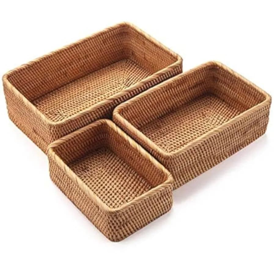 Natural rattan object baskets, braided rectangular baskets for fruit, decorative baskets in wicker and small baskets for organizing, set of