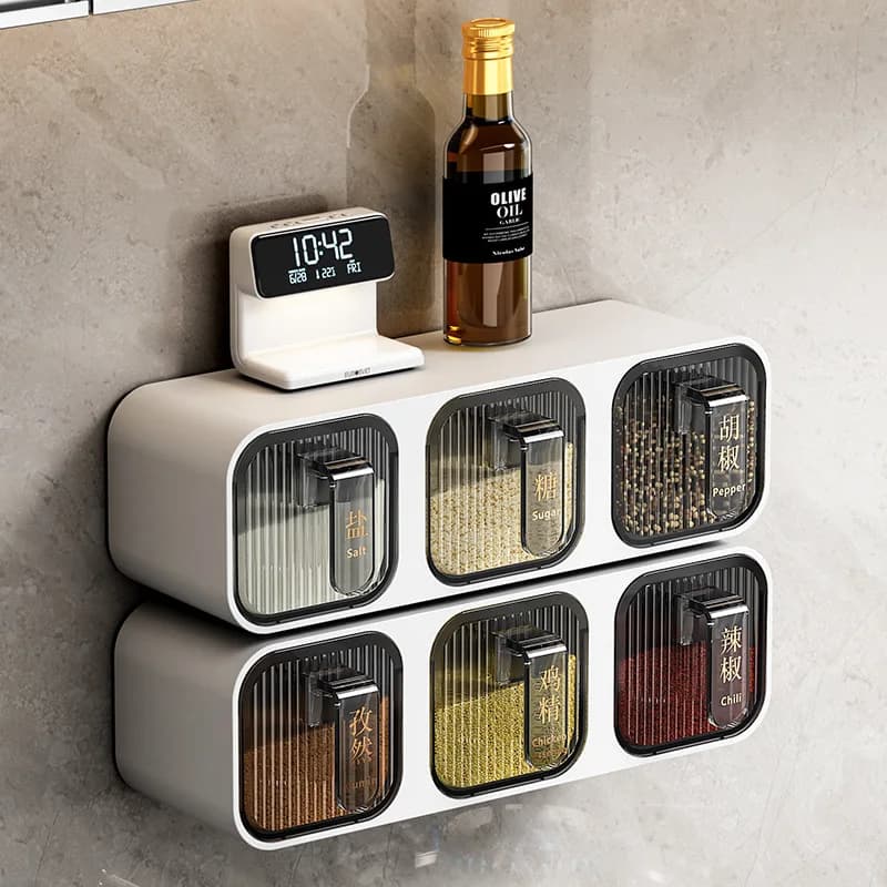 Wall-Mounted Integrated Multi-Spice Box Set Kitchen Home Goods Moisture-Proof Storage Salt Seasoning Plastic Can Rack