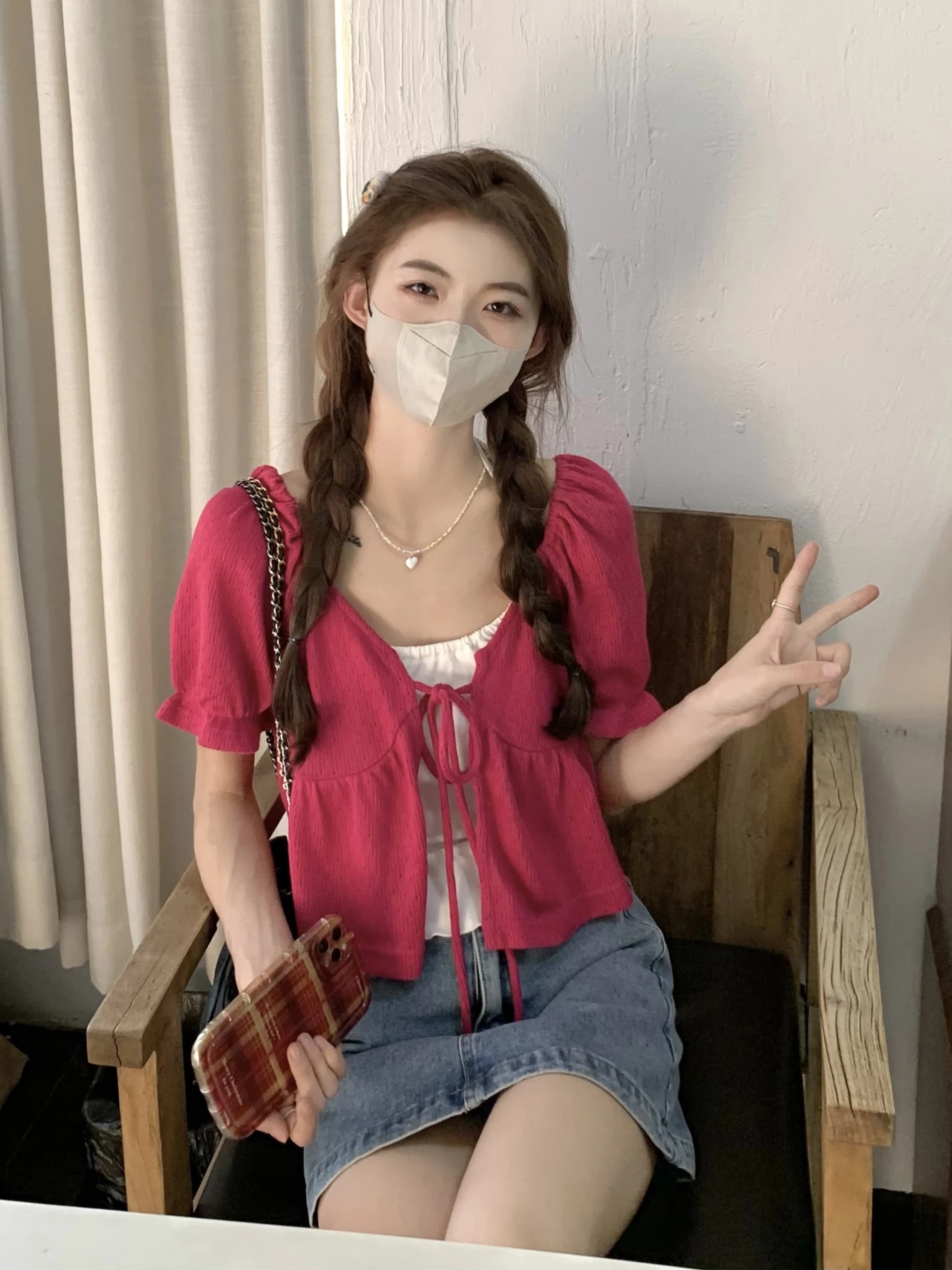 Cardigan Open Pink Maid with Sleeves, Women's, Summer 2023, New, with Belt, Slender Effect, V-neck, Prince's Sleeves