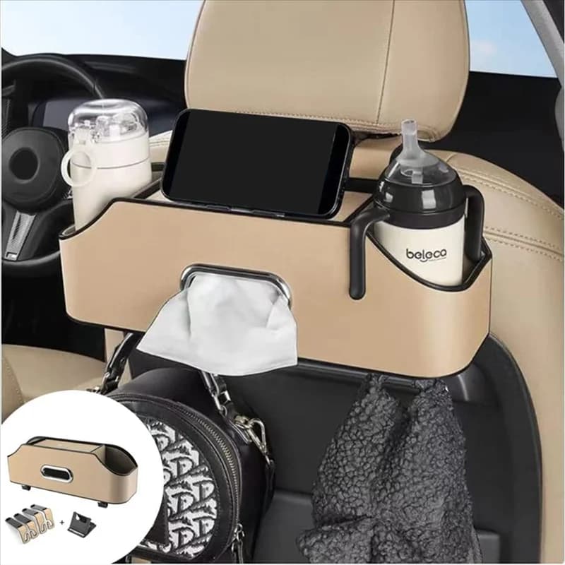 X59A Car Organizer for headrest in the back seat with 2 cup holders, cellular door, hooks and accessories for handkerchief boxes - Beige