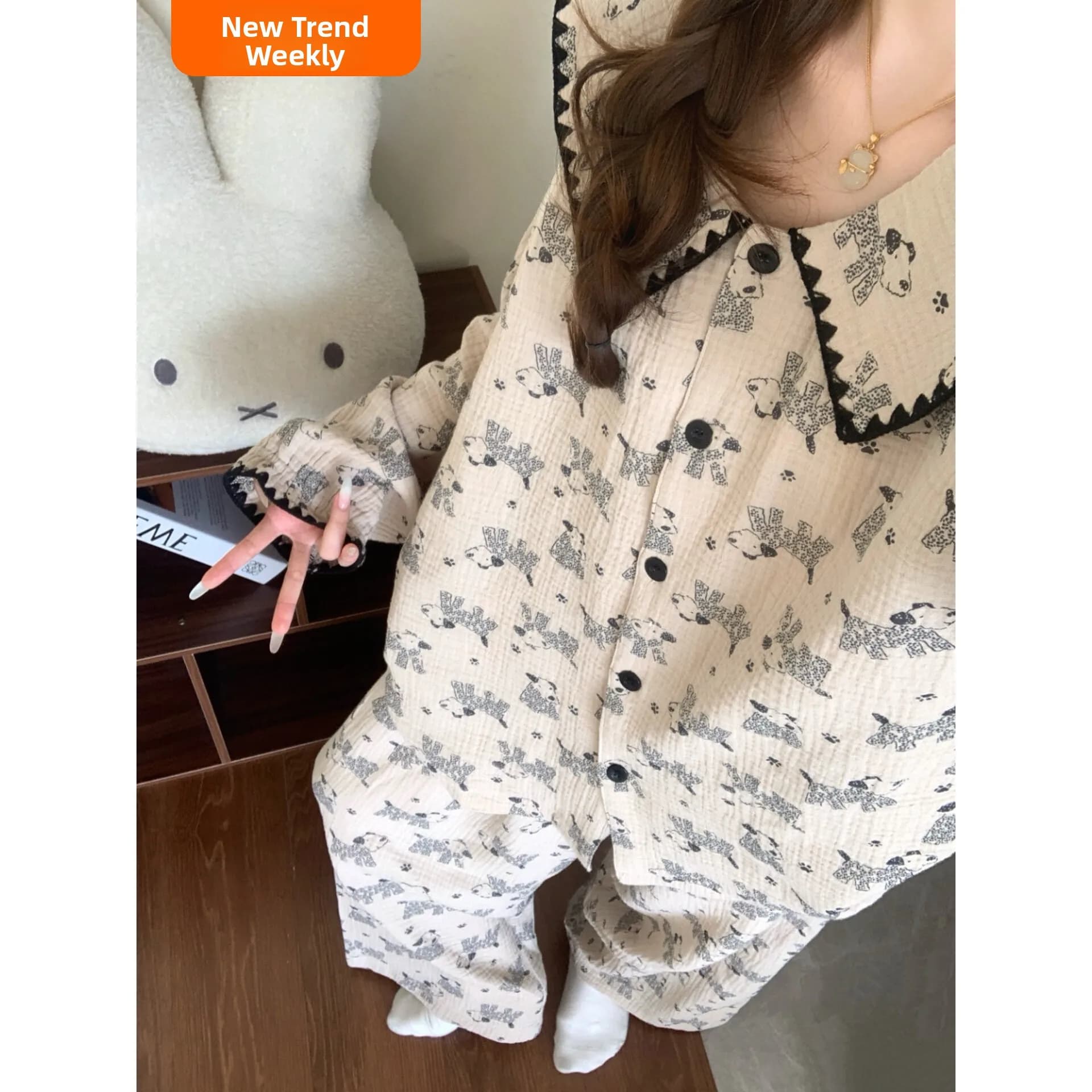 Pigiama in Cotone Cloud Primaverile e Autunnale da Donna, Maniche Lunghe, Pantaloni Lunghi, Stampa Cane Peach, Colletto Grande, Set Dolce per Casa