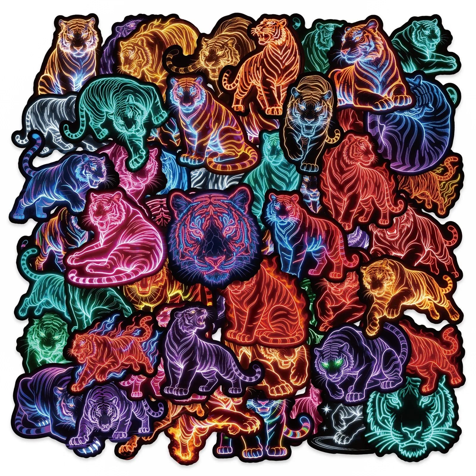 56 Pezzi Adesivi Neon con Tigre e Animali Cartoon, Adesivi Graffiti per Decorare Telefono, Carte, Baule, Borraccia, Adesivi Carini Fai-da-Te