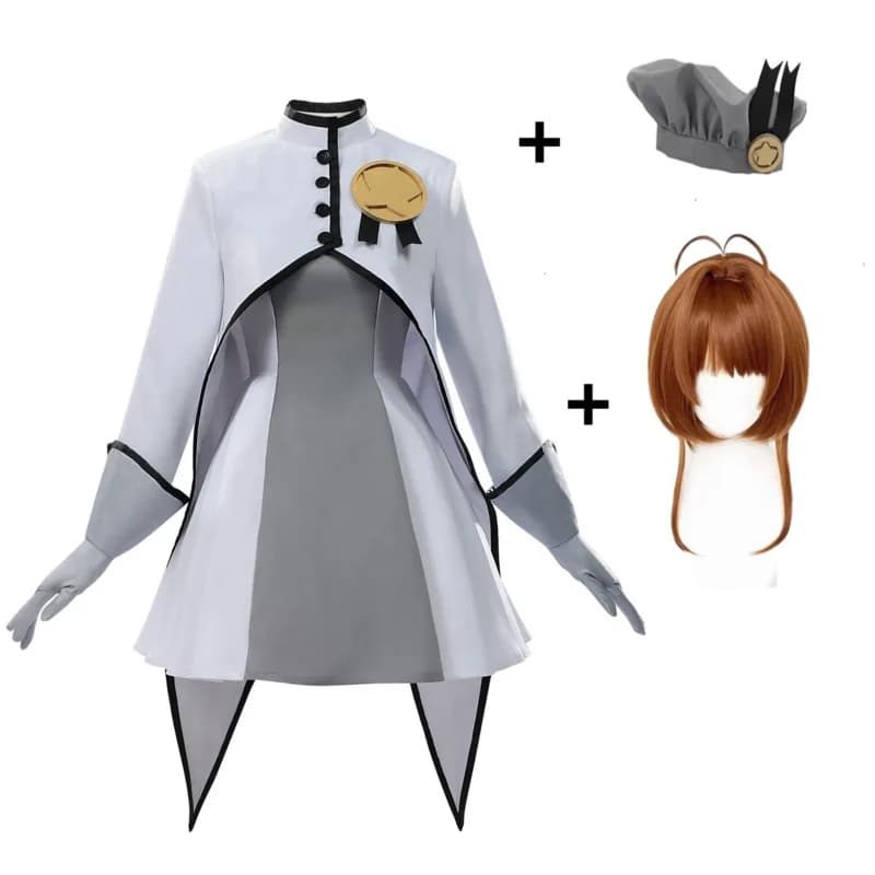 Anime Kinomoto Sakura Cosplay White Gray Dress Cape Lolita Dresses Hat Wig Halloween Party Magical Girl Costume