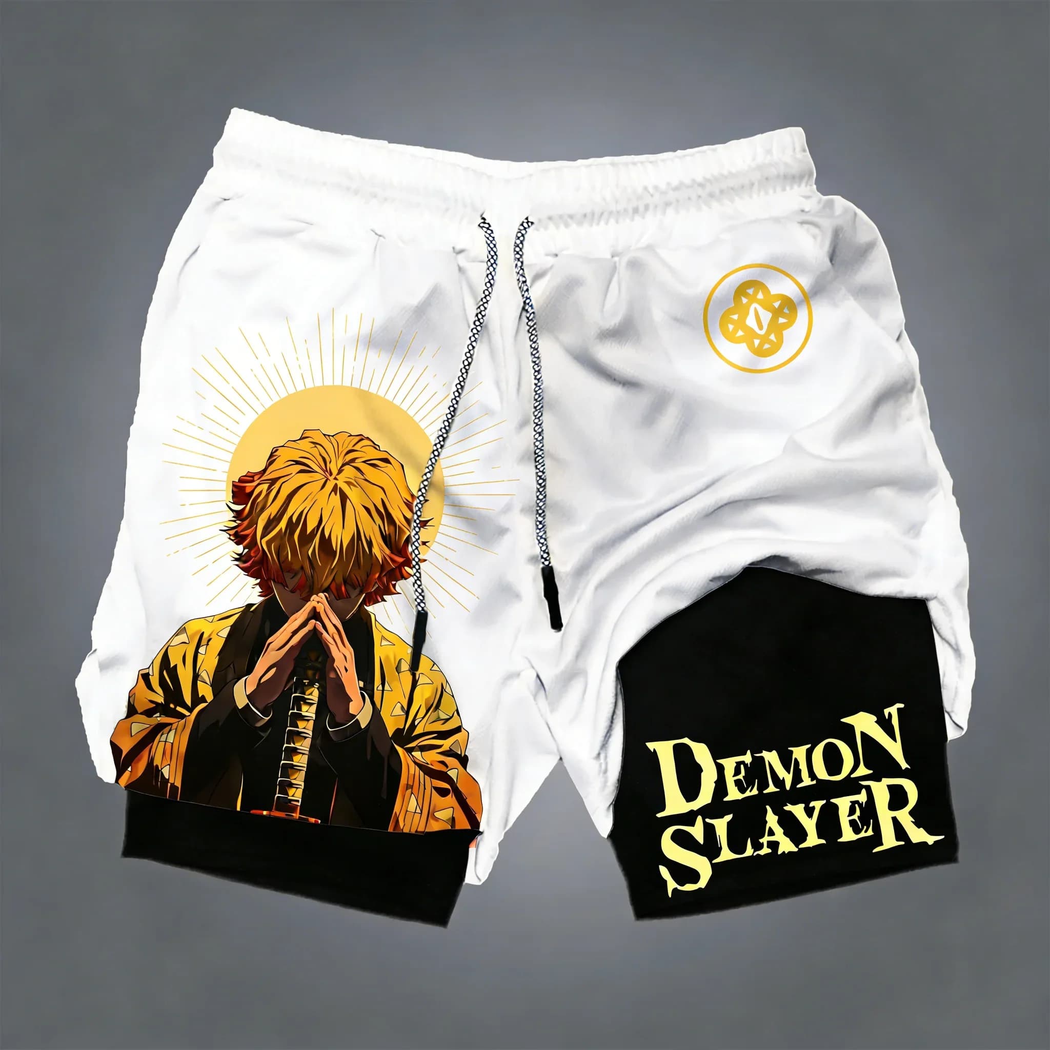 Summer shorts unisex Demon Slayer, new sports shorts 2 in 1 breathable quick drying with anime print Agatsuma Zenitsu