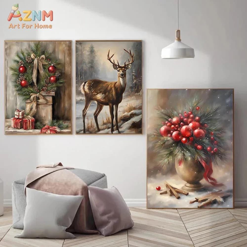 AZNM Vintage Winter Christmas Canvas Wall Art, Rustic Deer and Pine Wreath Print, Frameless Holiday Floral Ornament Canvas Paint
