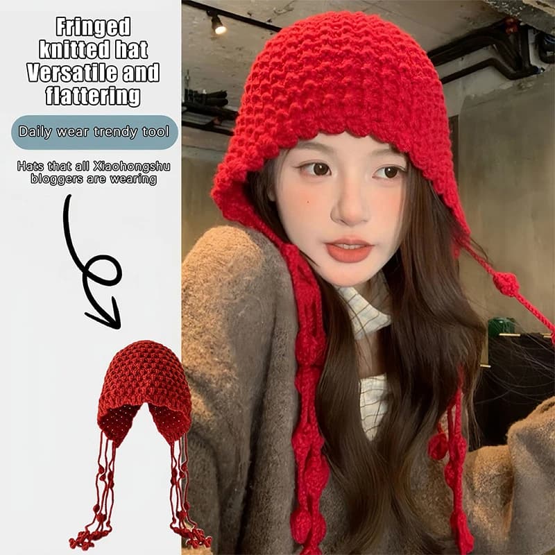 New Sweet Handmade Autumn Winter Knitted Beanies Hat Wool Warm Ear Protection Hat Windproof Tassel Pullover Hat