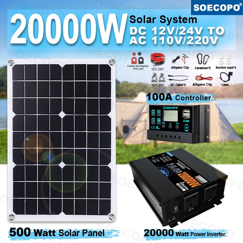 SOECOPO Set completo di sistemi solari da 20000 W Pannello solare da 500 W, inverter (2 prese) 12 V/24 V 110 V/220 V, controller 100 A Casa, campeggio