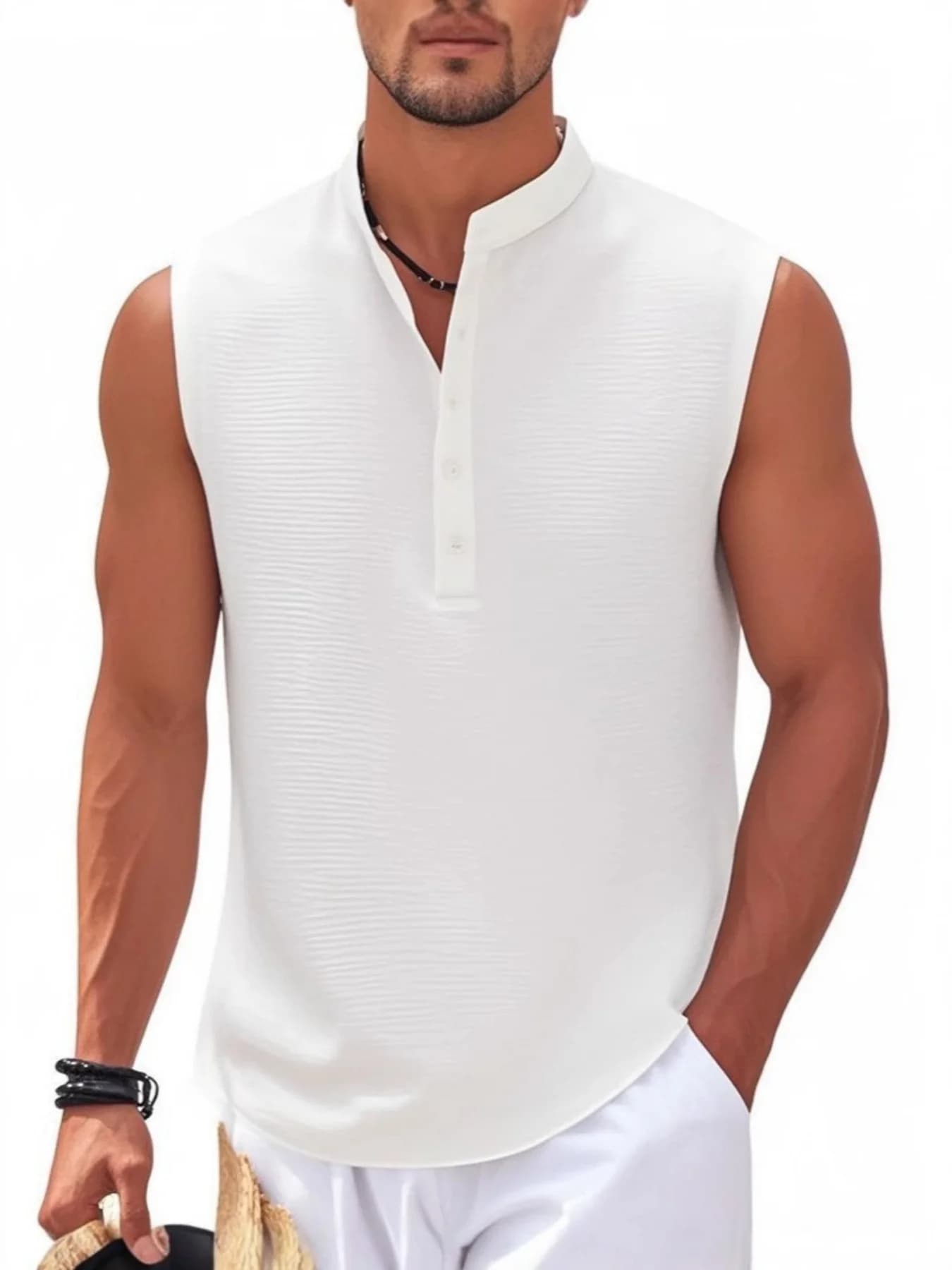 Men's waffle shirt with Henry collar design, suitable for running, casual beach wear, plain-colored top, retro street style