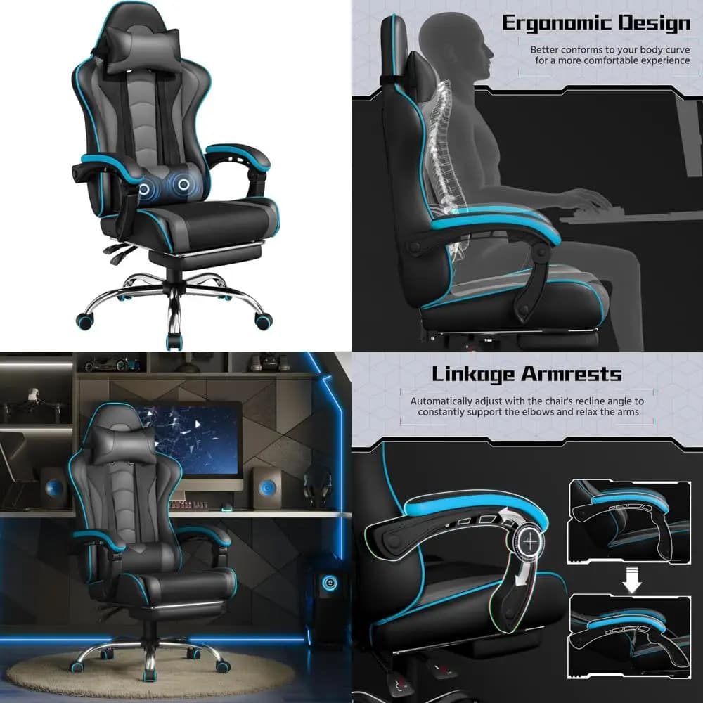 Sedia da gioco Yaheetech, sedia per videogiochi con supporto lombare per massaggio e poggiapiedi Sedia per computer ergonomica regolabile in altezza con