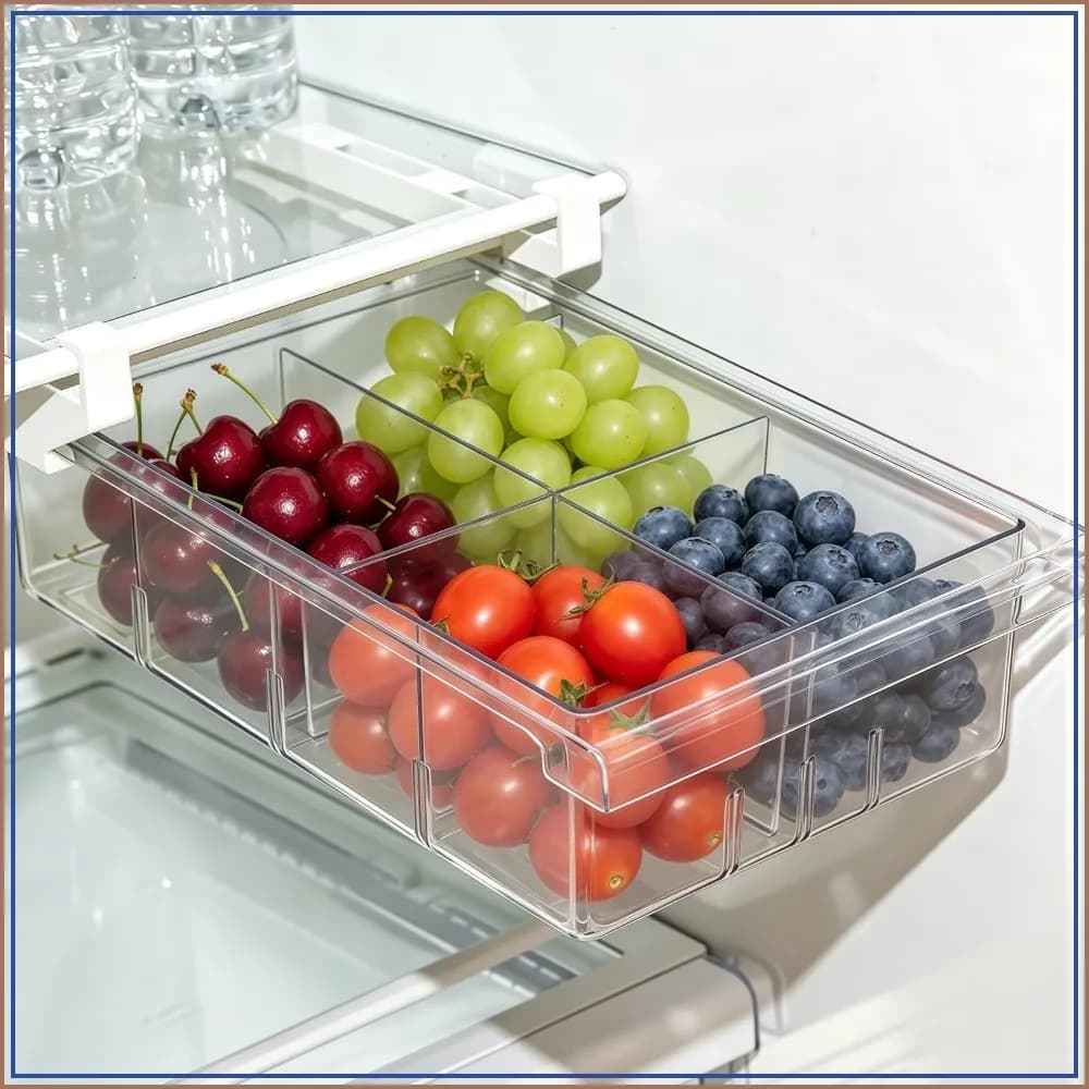 Fridge Pull Out Drawer Organizer - Clear Storage Bin with Dividers for Fruit, Deli, Cheese, Seafood, Fits Medium Shelf (1 Pack)