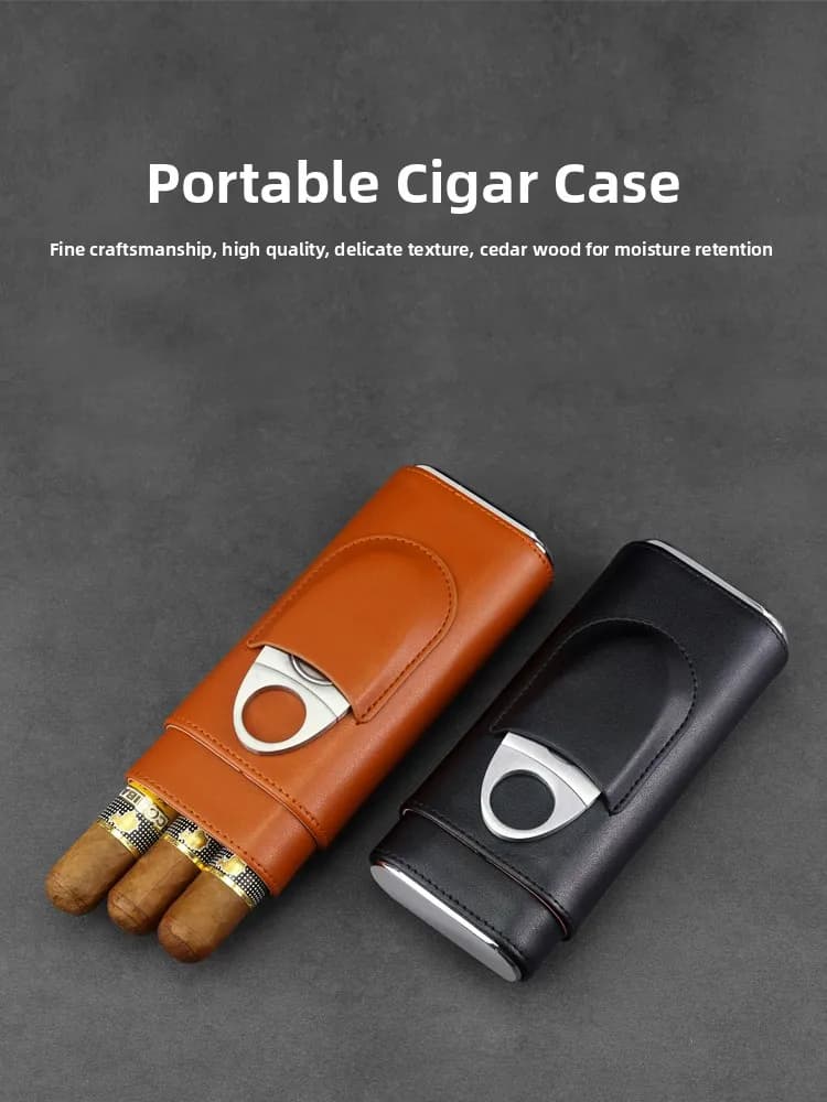High-End Portable Cigar Box Leather Case 3-Piece Cedar Wood Cigar Holder Personalized Moisture-Proof Box Cigar Scissors