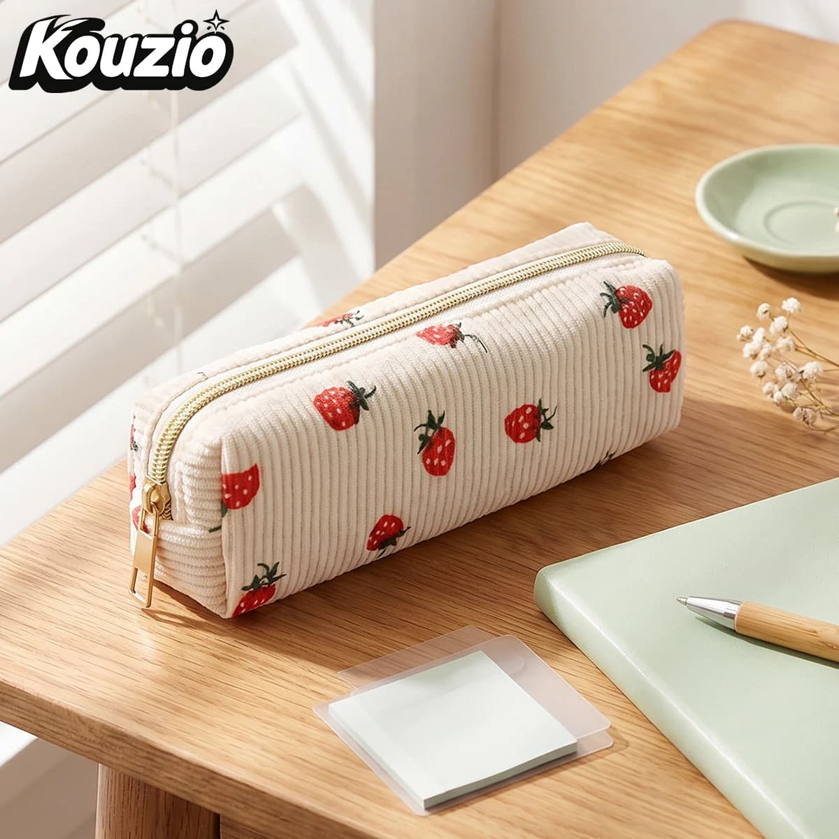 Cute Strawberry Print Corduroy Pencil Case Zipper Stationery Bag for Worker & Students - KOUZIO