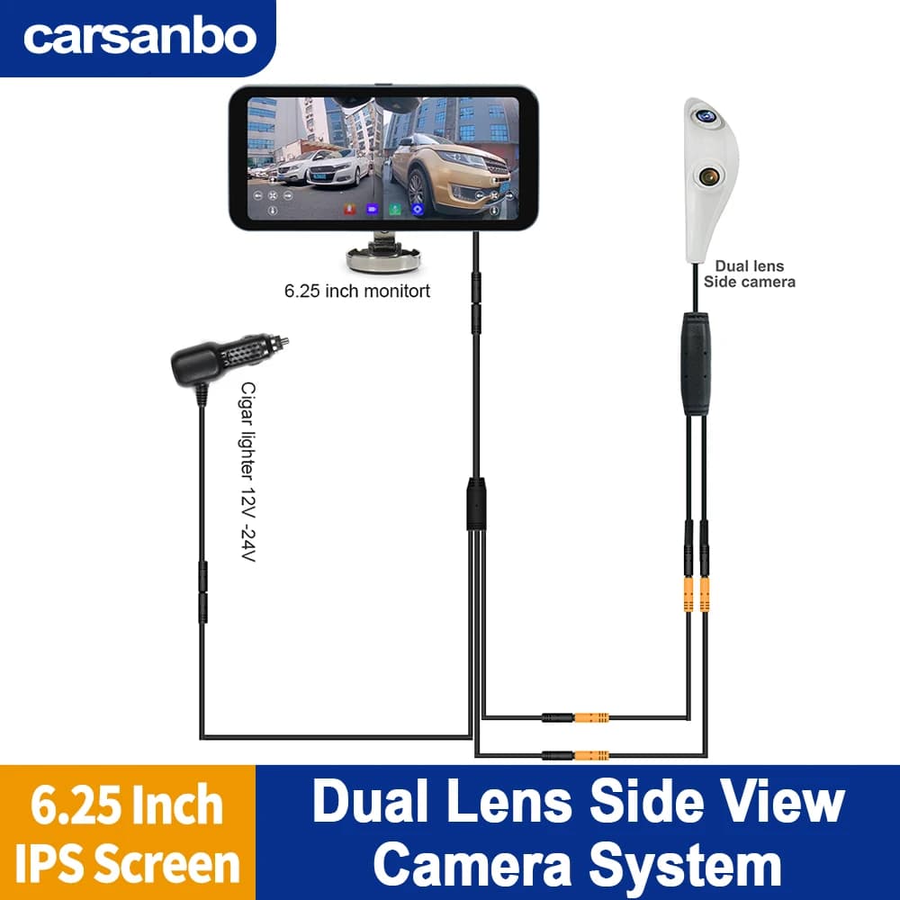 Carsanbo 6.25 inch blind point alarm system AHD 1080P Car split touch screen display Digital camera with double lens for lateral view