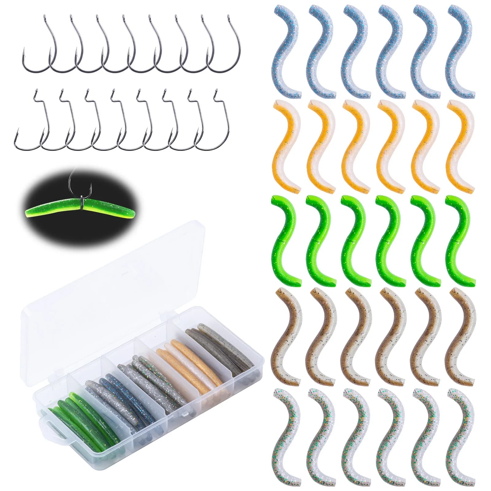 Kit di Esche Morbide Goture con Amo a Manovella, Vermi, Jigging, Wobbler, Swimbait, Attrezzatura per Pesca al Bass e alla Carpa, Esche Artificiali Nuotanti con Scatola