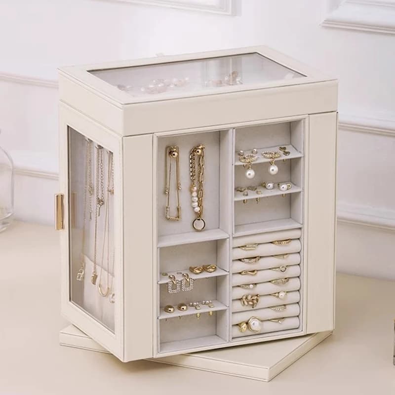 Grande portagioie in pelle con espositore rotante, organizer per collane, scatola di immagazzinaggio, porta collane grandi, anello, orecchini, portagioie