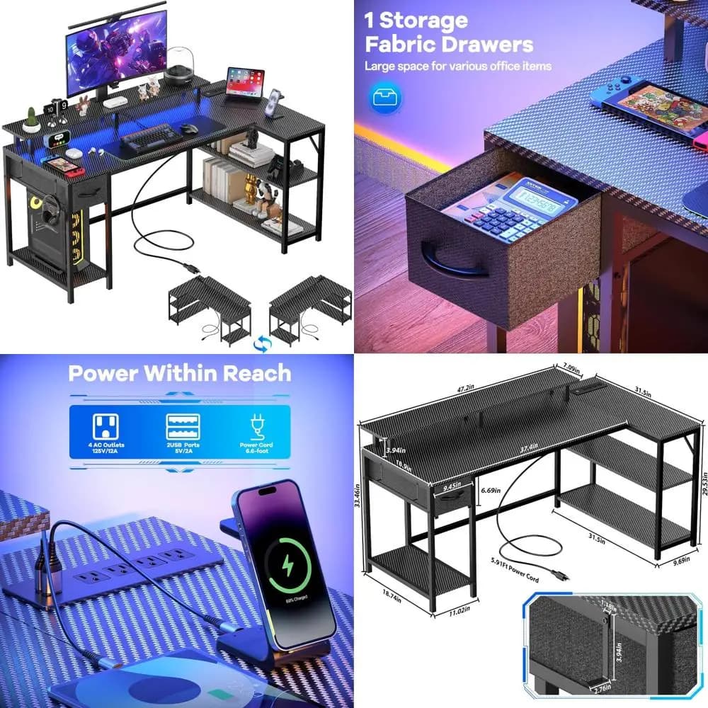 L-shaped gaming desk with LED lighting and power outlet, 47 inch reversible desk with CPU support, monitor support, drawer, house