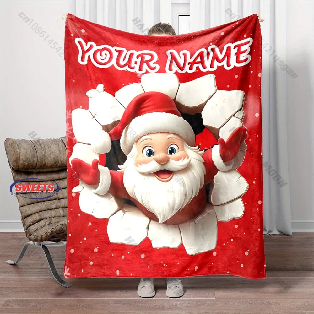 Personalized Custom Name Break Through Wall Santa Claus Blanket, Christmas Cartoon Blanket, Custom Text Xmas Home Decor Gift