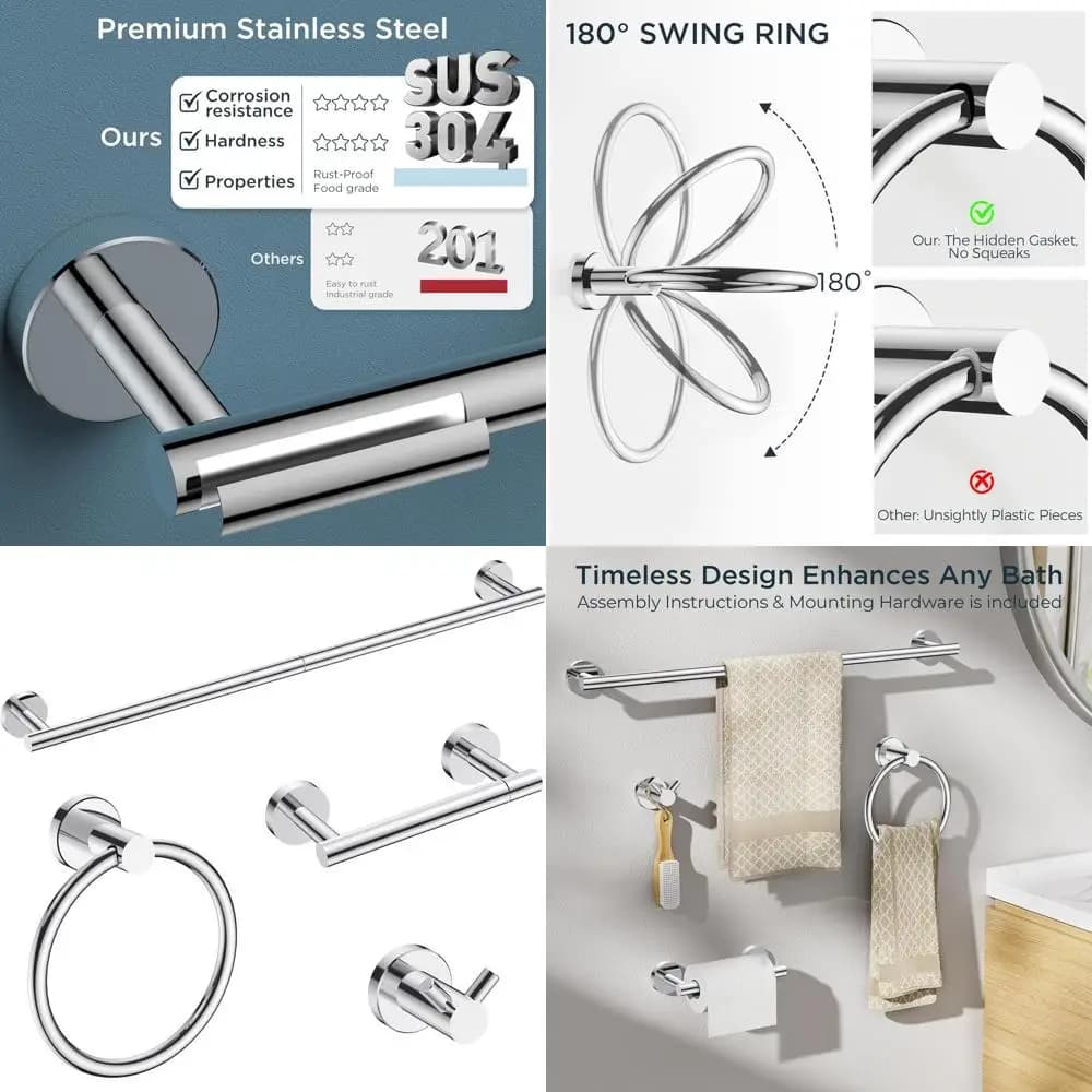 Set di Portasciugamani in Acciaio Inox, 4 Pezzi, Accessori per Bagno, Portasciugamani da Parete e Porta Carta Igienica, 24 Barre, Finitura Cromata