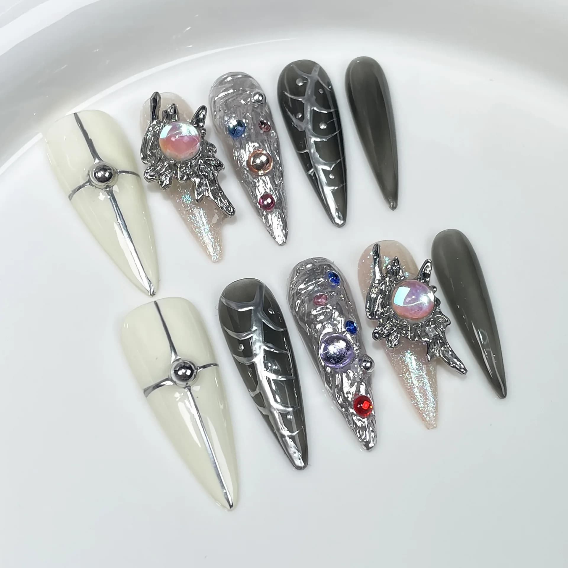 10Pcs Handmade Press on Nails Long Almond False Nails Tips Wearable Hand-Painted Metallic Designs Art Nails Set for Spice Girls