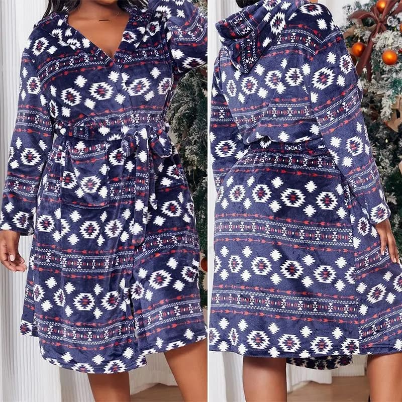 Winter Sleepwear Warm Flannel Kimono Gown Christmas Party Home Clothes Print Nightgown Hooded Bathrobe Female Big Size Sleepwear