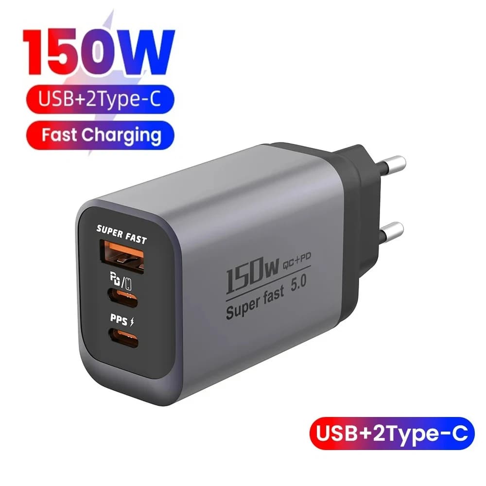 Caricatore USB C da 150W a 3 porte, adattatore per ricarica rapida per iPhone, Samsung, Xiaomi, con spina EU/US/UK, caricatore da parete a ricarica rapida.