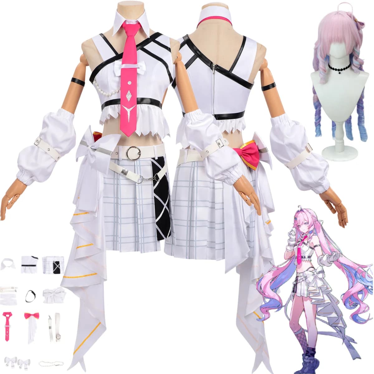 Game Wuthering Waves Denia Cosplay Costume Solar 5 Member White Off-shoulder Tops Grid Skirt Wig Woman Sexy Cute Halloween Set