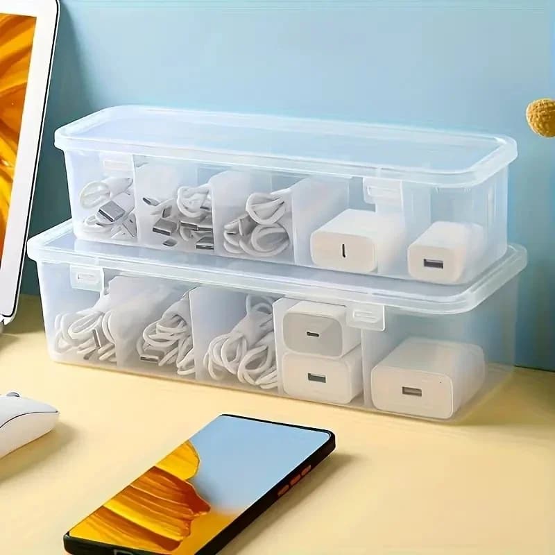 Large Capacity Cable Management Box with Lid, 5 Compartments, Space-Saving Desktop Storage Solution, Durable Plastic, Office