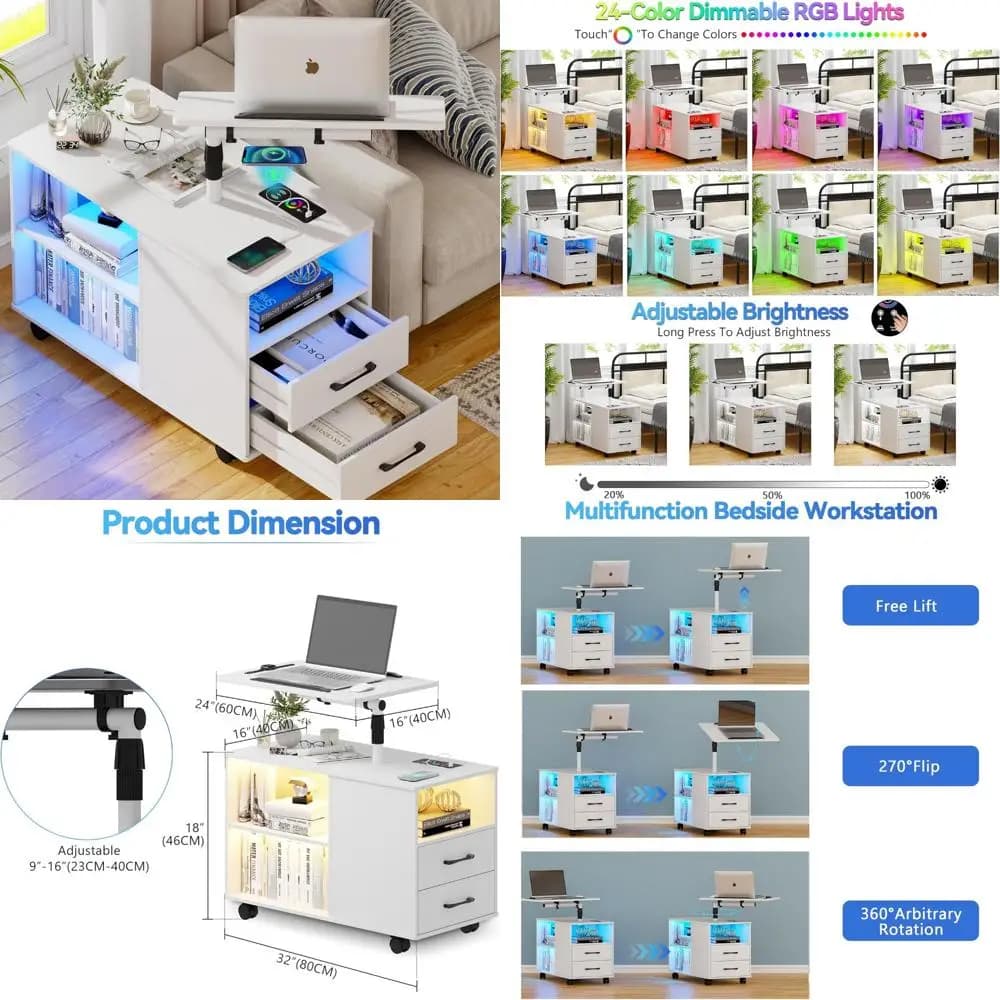 Moderna 360 ° Comodino girevole per laptop con illuminazione RGB e stazione di ricarica, comodino LED con sensore umano a 24 colori