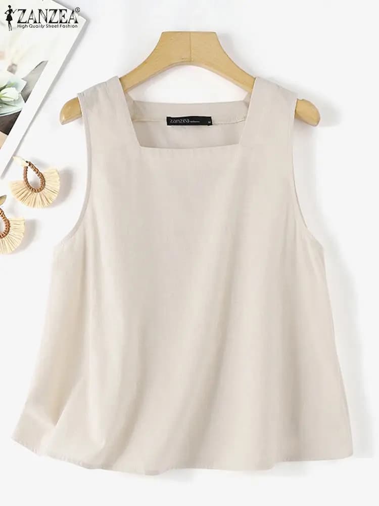 ZANZEA camicetta senza maniche estiva da donna Vintage Casual Solid Holiday Beach Blusas camicia da festa femminile canotte in cotone con collo quadrato top