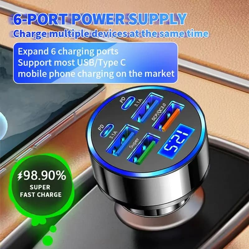 100W 6 Ports Car Charger Fast Charging PD QC3.0 USB C Car Phone Charger Type C Adapter in Car For iPhone Samsung Huawei Xiaomi